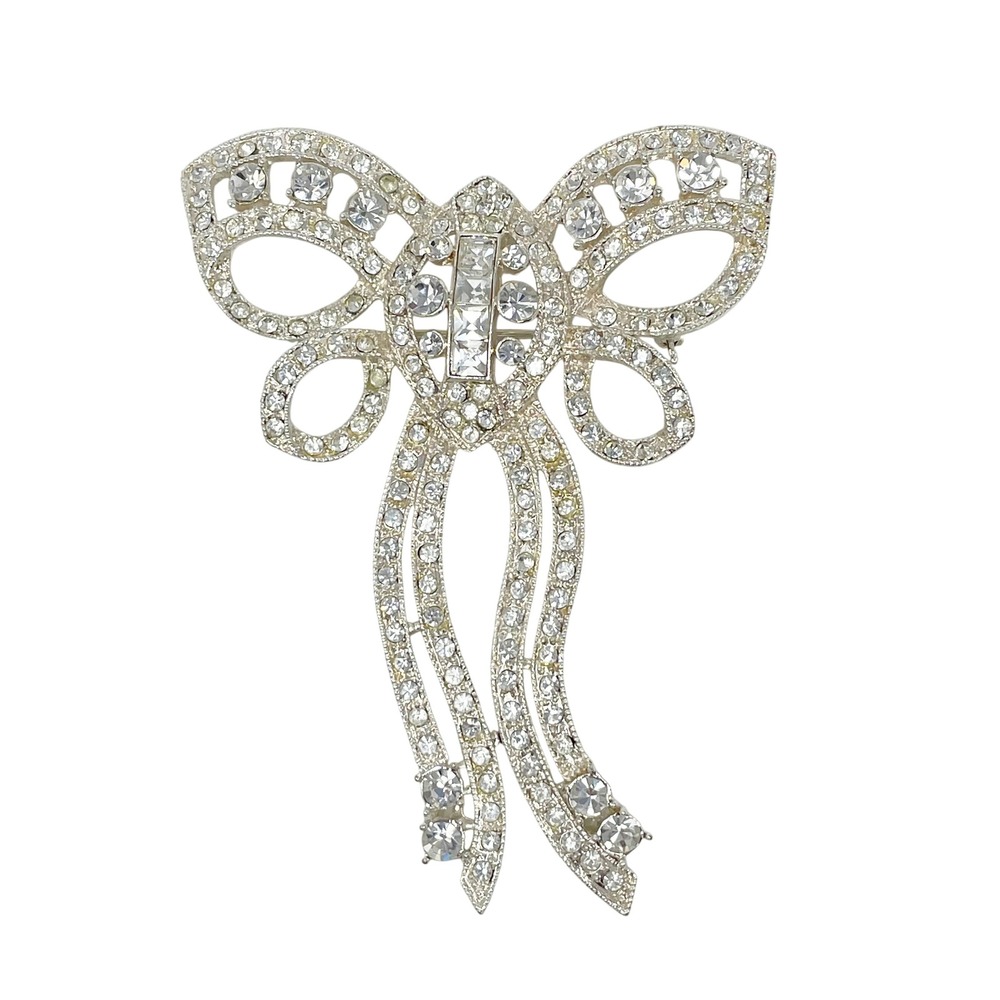 Modern Silver Tone Rhinestone Large Bow Brooch Crystal Vintage Style Statement
